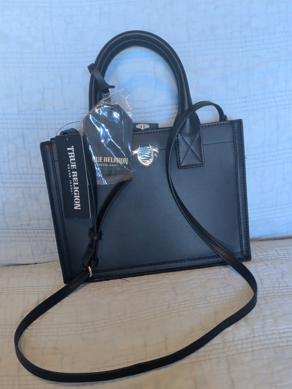 True Religion Black Leather Top-Handle Satchel with Crossbody Strap